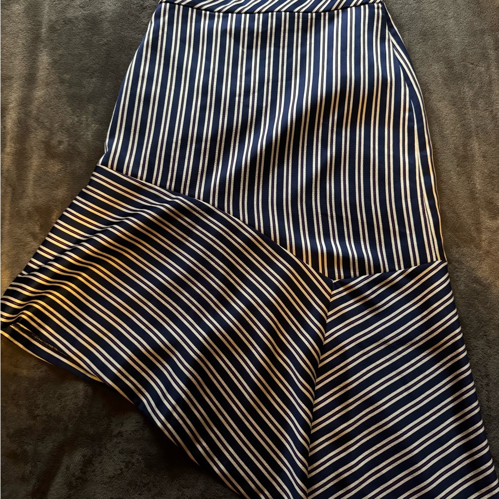 Banana Republic Navy and White Asymmetrical Striped Midi Skirt